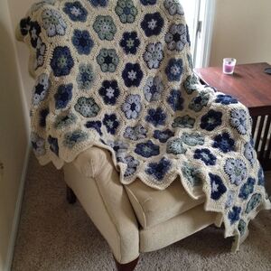 Handmade Crochet Blanket with Blue and Cream Hexagons